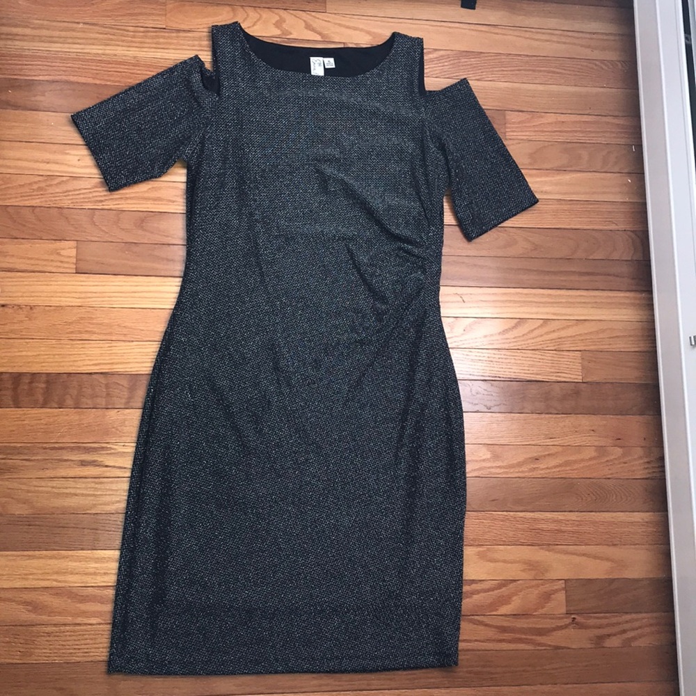 Emma Michele Cold Shoulder Silver Shimmer Holiday Sexy Sparkle Dress XL stretchy